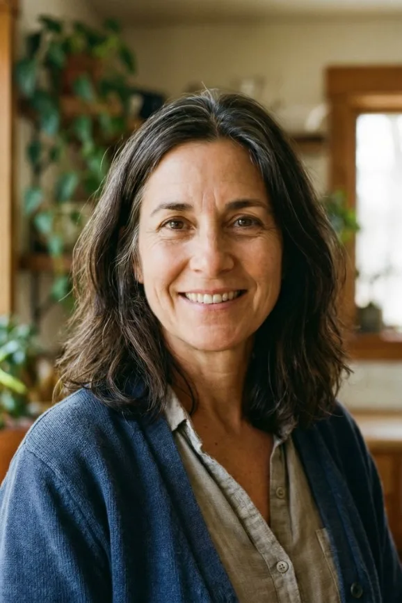 Portrait of Rosario, smiling in a blue cardigan